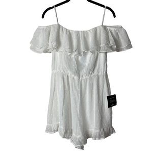 LULU’S Women’s White Off the Shoulder Romper Size M Polka Dot Bridal Casual Boho